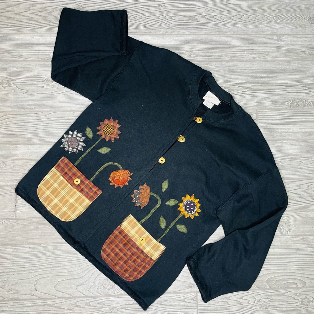 Vintage sugar ridge full button sun flower floral long sleeve sweater shirt lg
